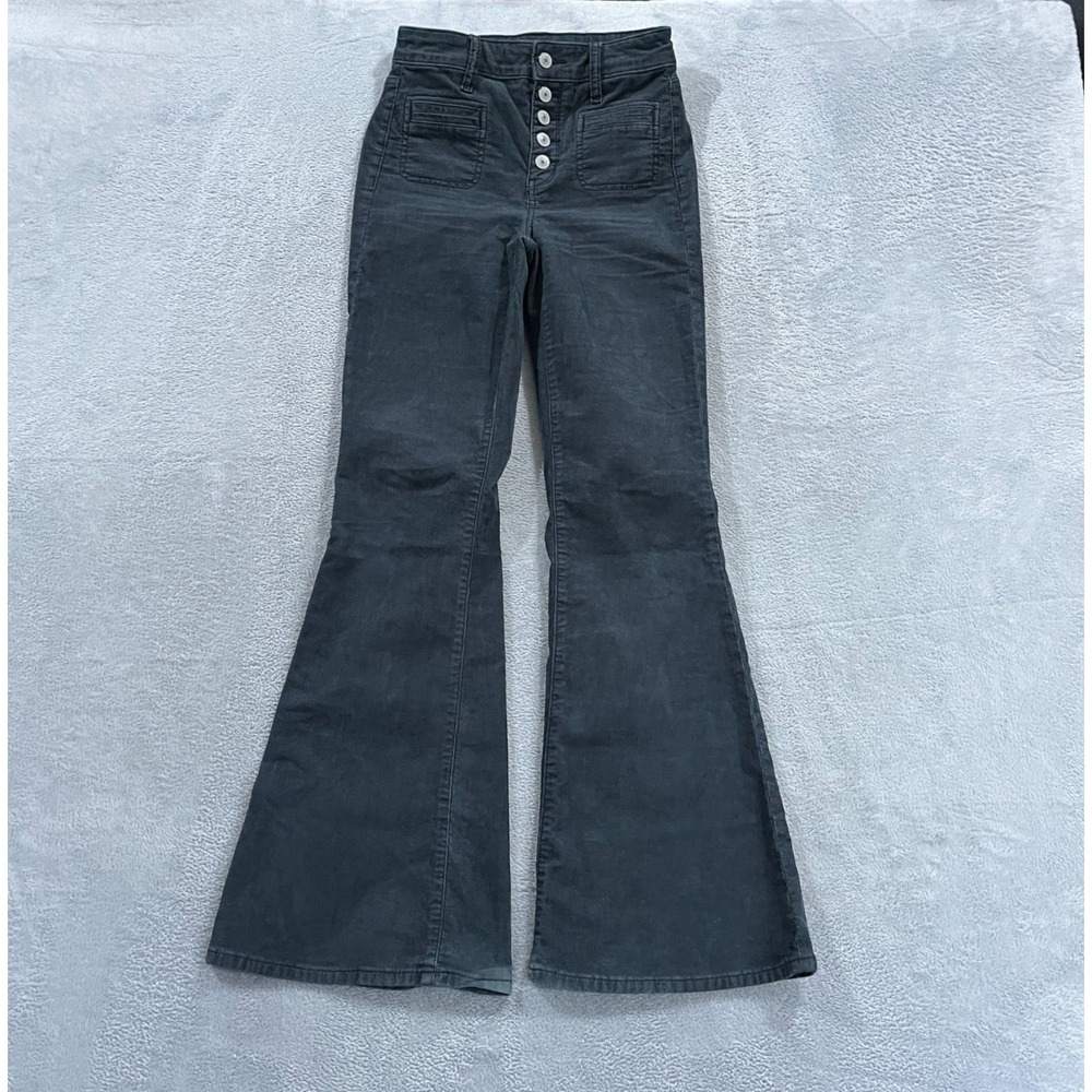 American Eagle Super Hi-Rise Flare Corduroy Womens Size 00 Grey Stretch Pants